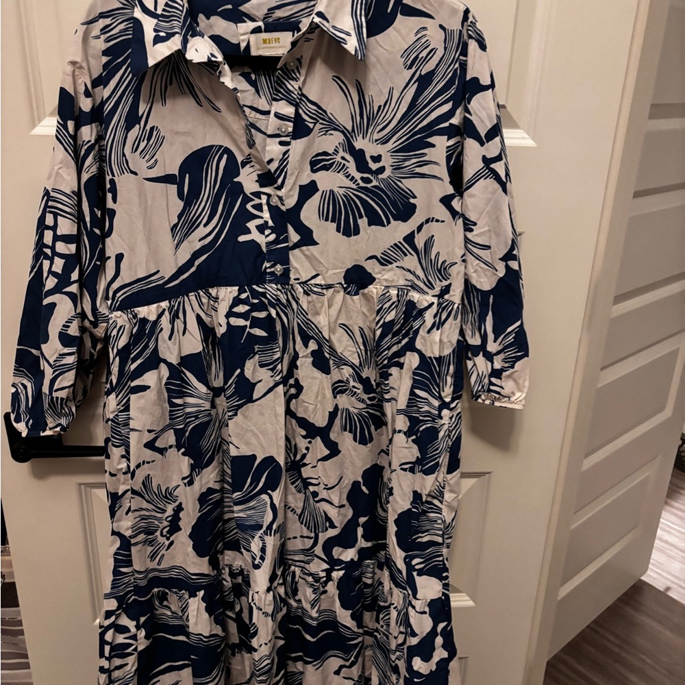 Maeve Navy and Cream Patterned Dress